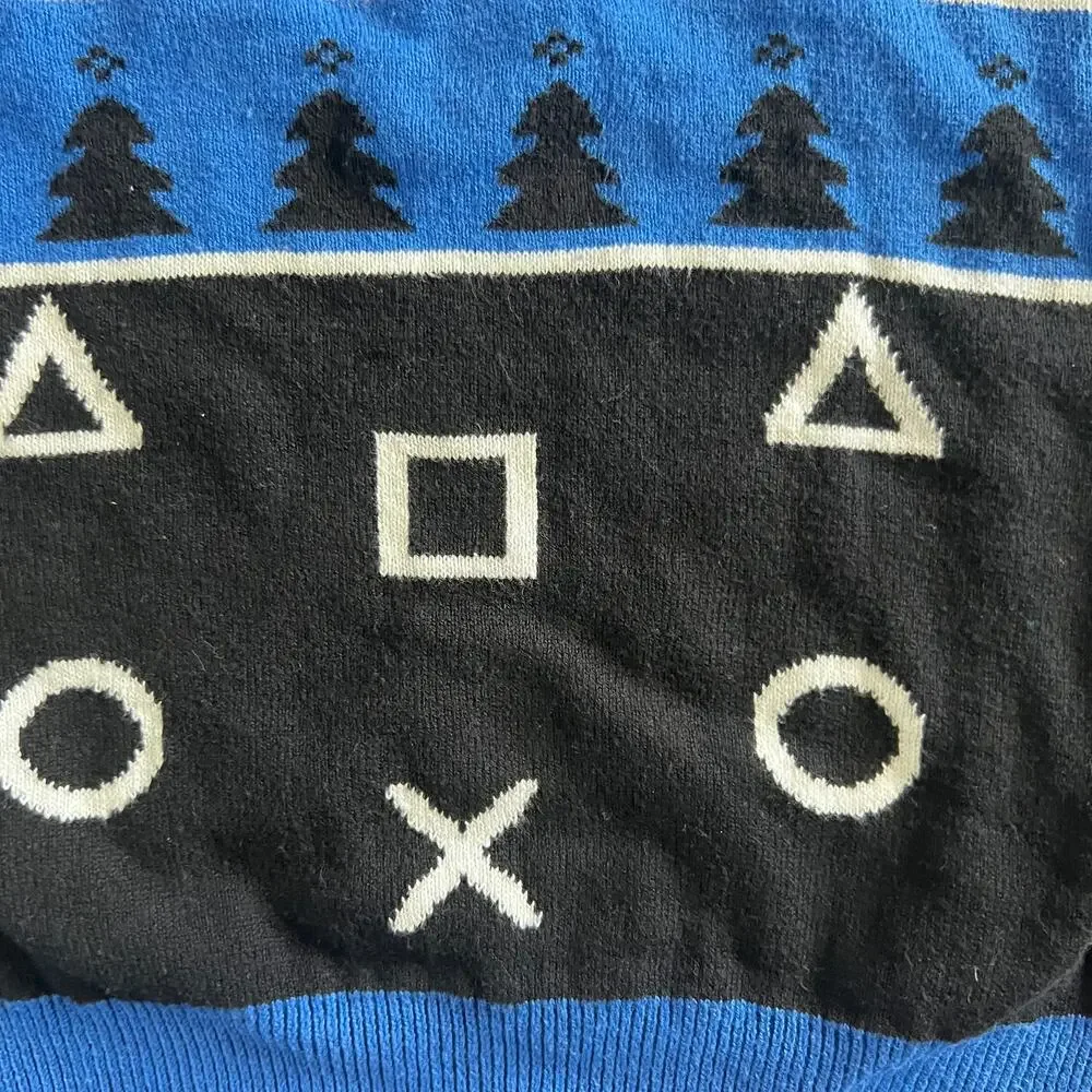 PlayStation Holiday Sweater Black Blue Gamer Ugly Christmas Jumper Men’s M